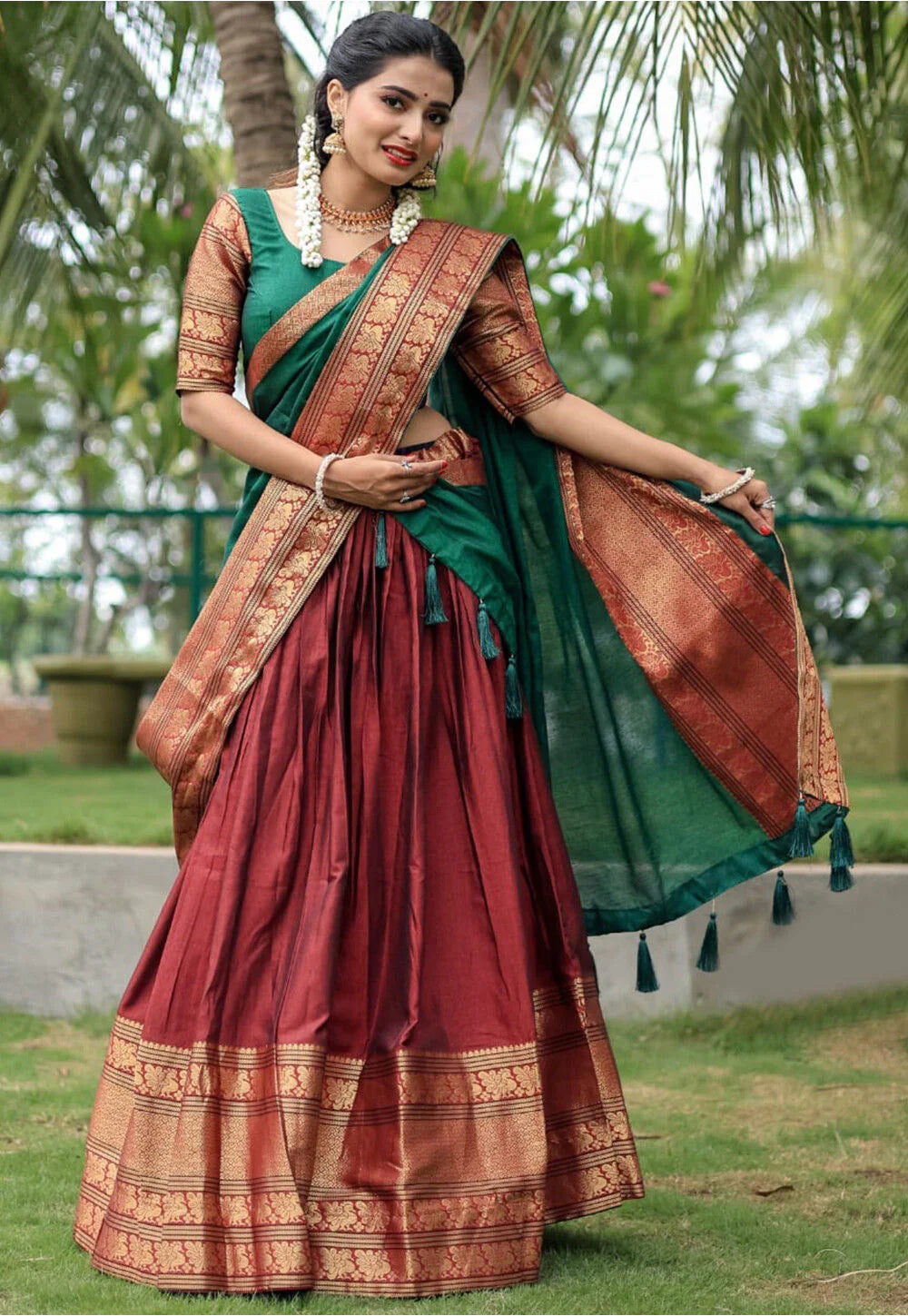 Kanjivaram Silk Zari Half Saree Lehenga With Blouse Along With Banarsi Silk Dupatta