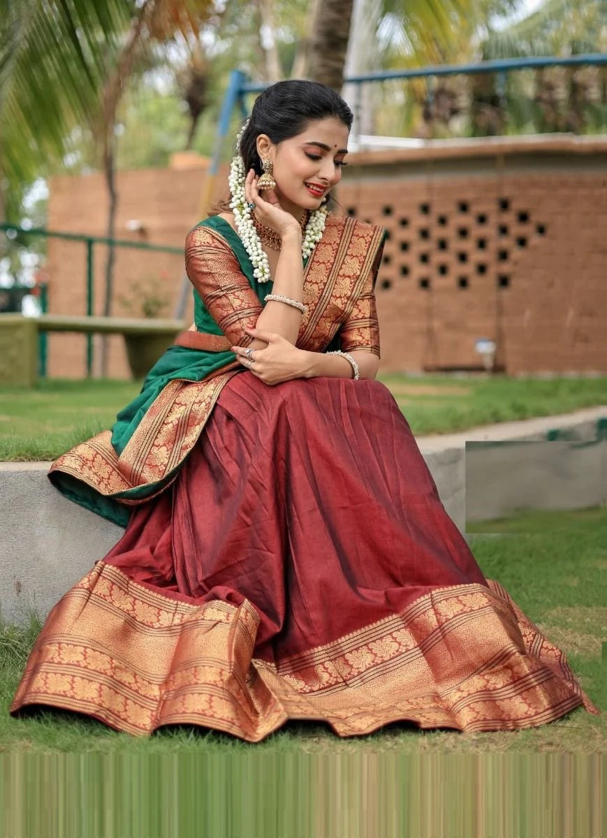 Kanjivaram Silk Zari Half Saree Lehenga With Blouse Along With Banarsi Silk Dupatta