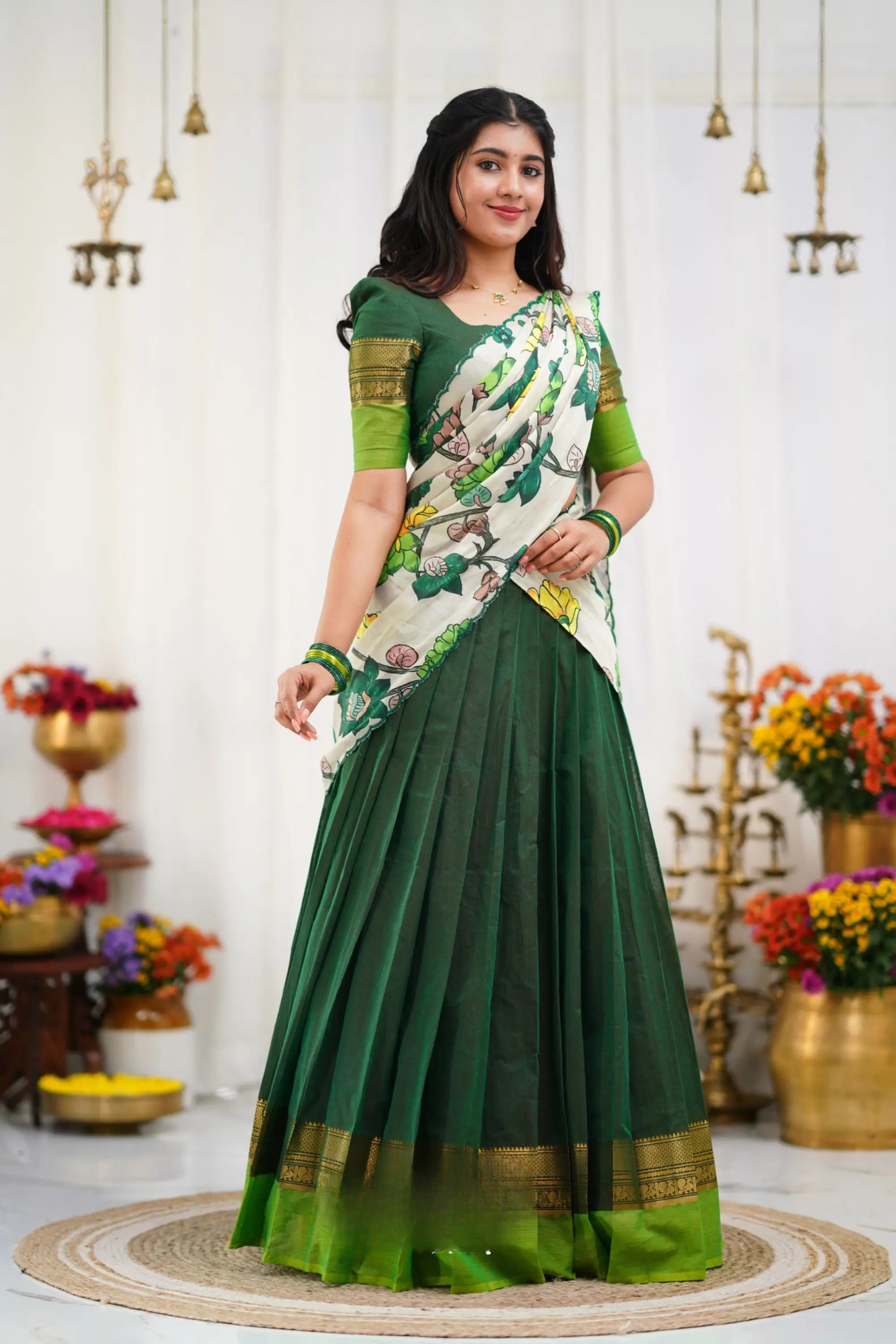 Padmaja Cotton Half Saree - Dark Green and Leaf Green