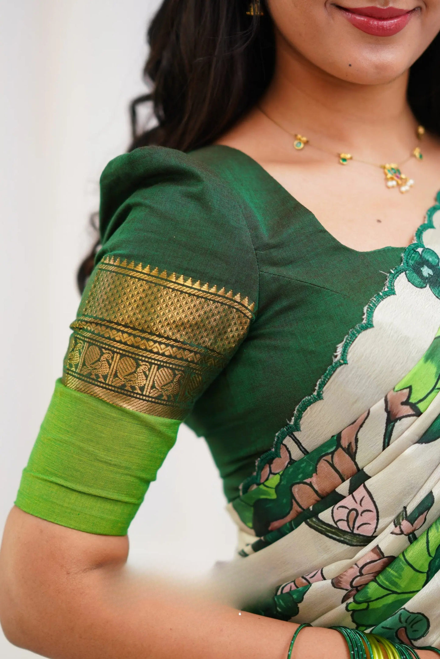 Padmaja Cotton Half Saree - Dark Green and Leaf Green