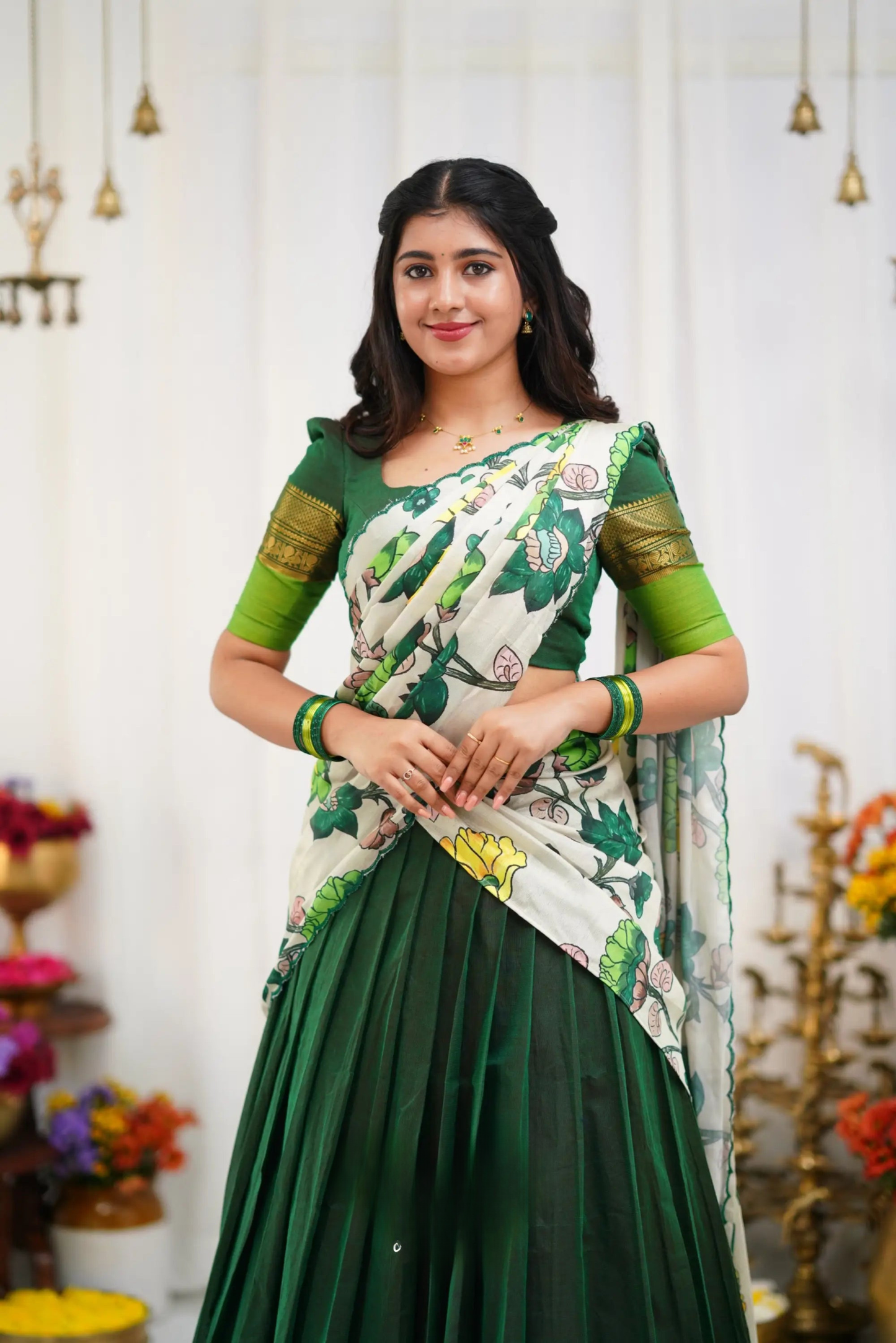 Padmaja Cotton Half Saree - Dark Green and Leaf Green