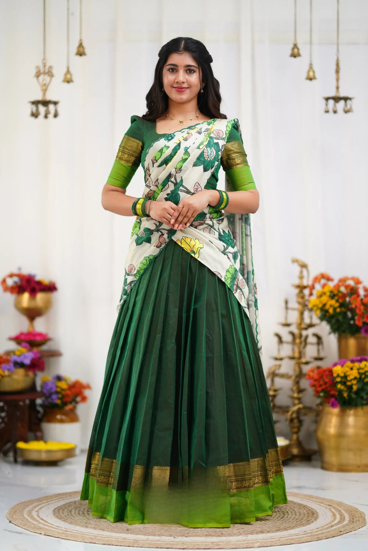 Padmaja Cotton Half Saree - Dark Green and Leaf Green