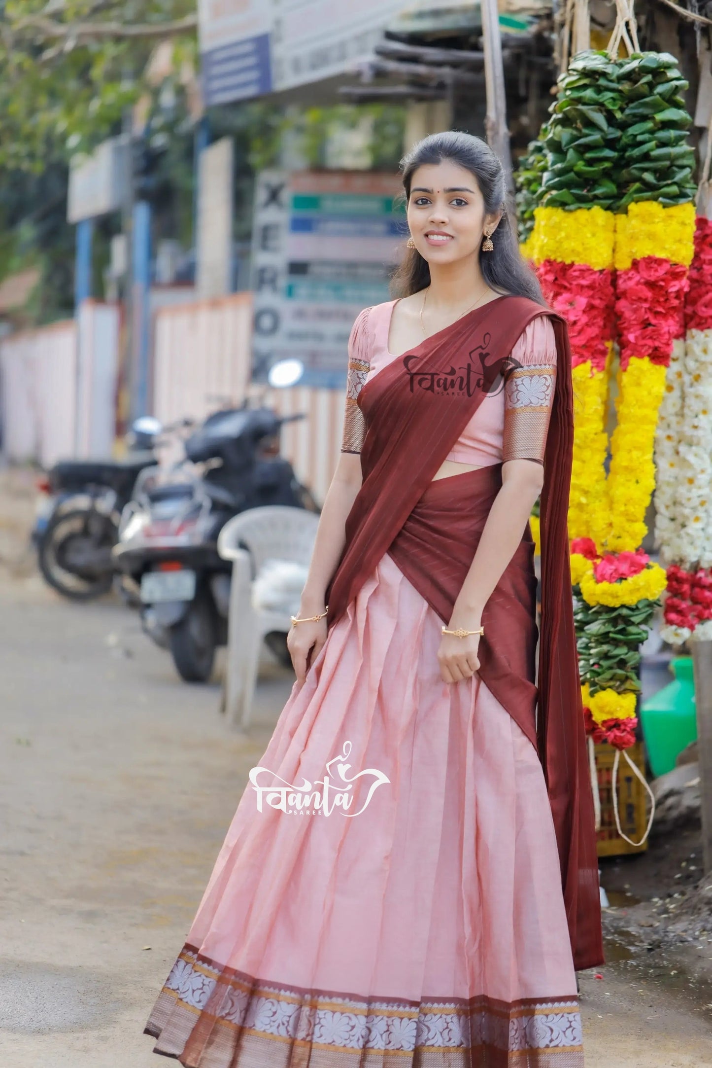Padmaja - Pastel Pink and Maroon Cotton Half Saree
