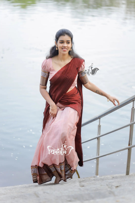 Padmaja - Pastel Pink and Maroon Cotton Half Saree