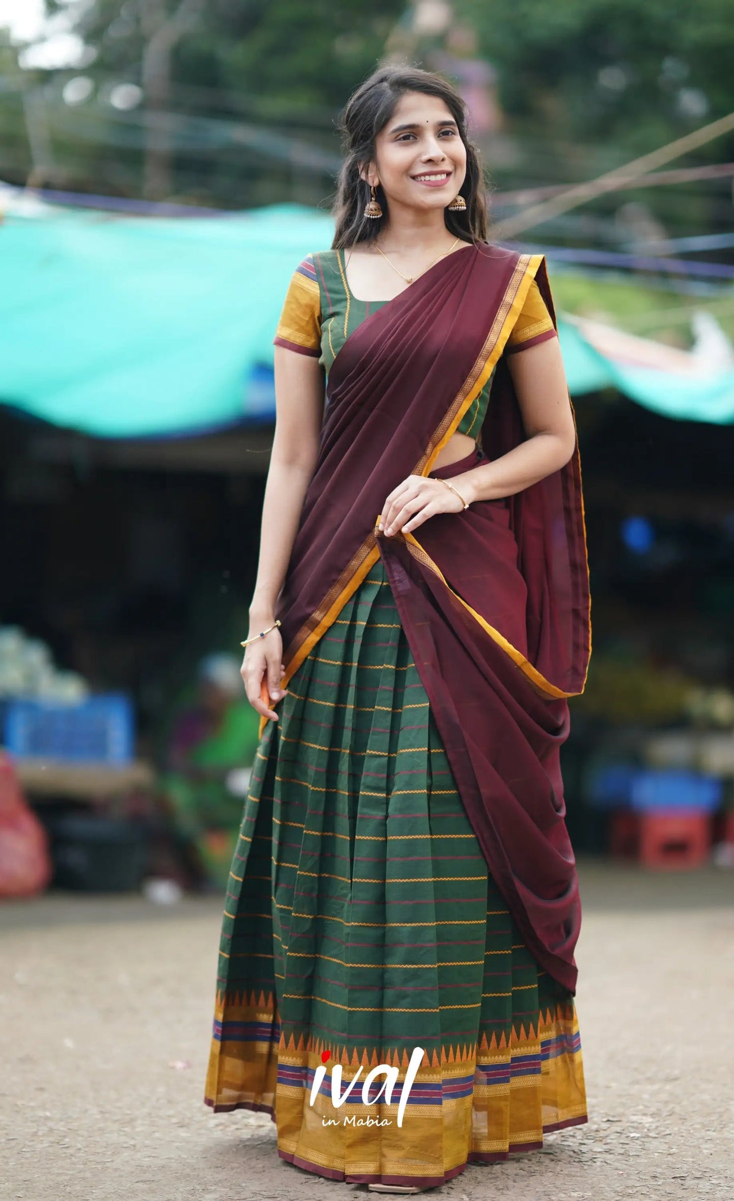 Padmaja - Green and Mroon Cotton Halfsaree