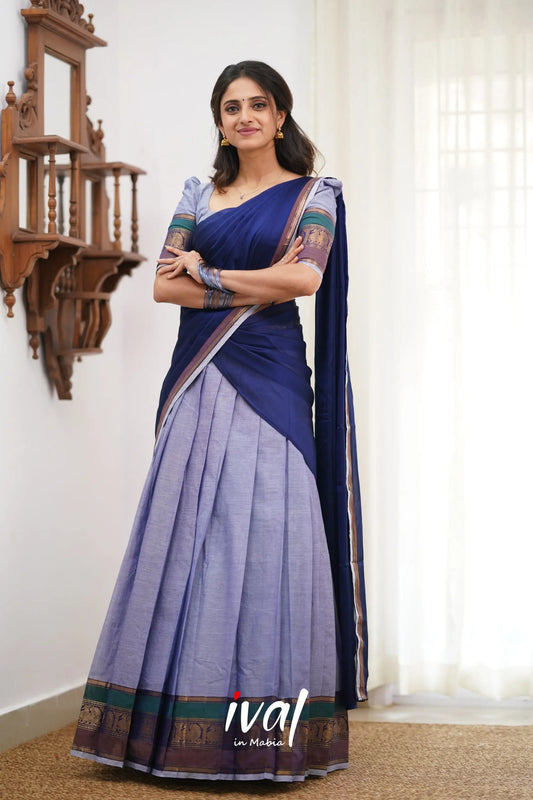 Padmaja Cotton Halfsaree - Light Blue and Ink Blue