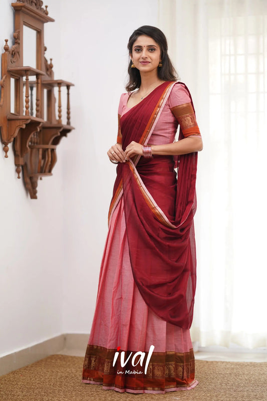 Padmaja Cotton Halfsaree - Pink and Reddish Maroon