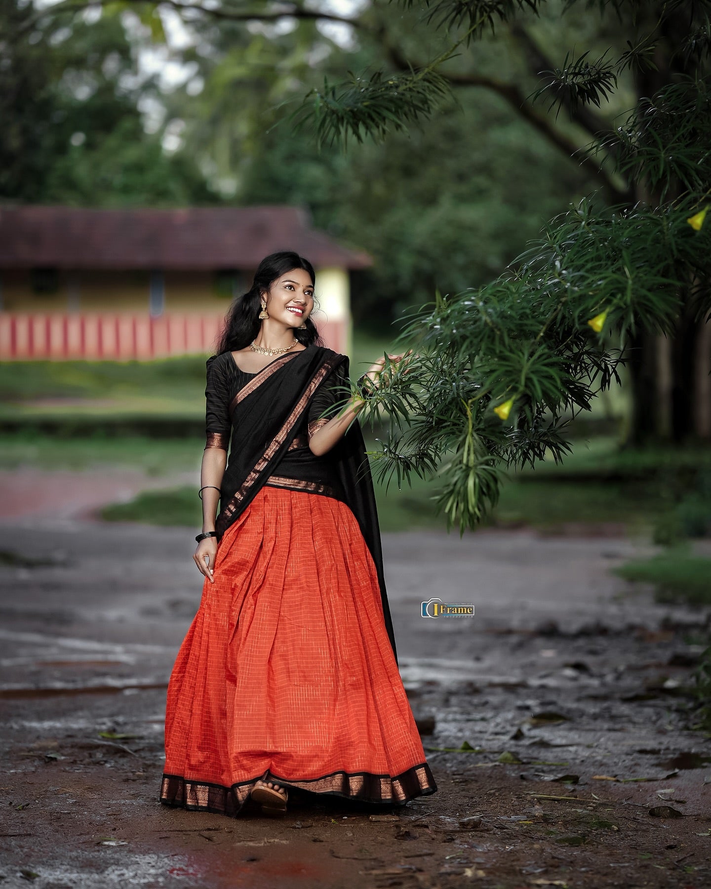 Padmaja Cotton Halfsaree - Orenge and Reddish black