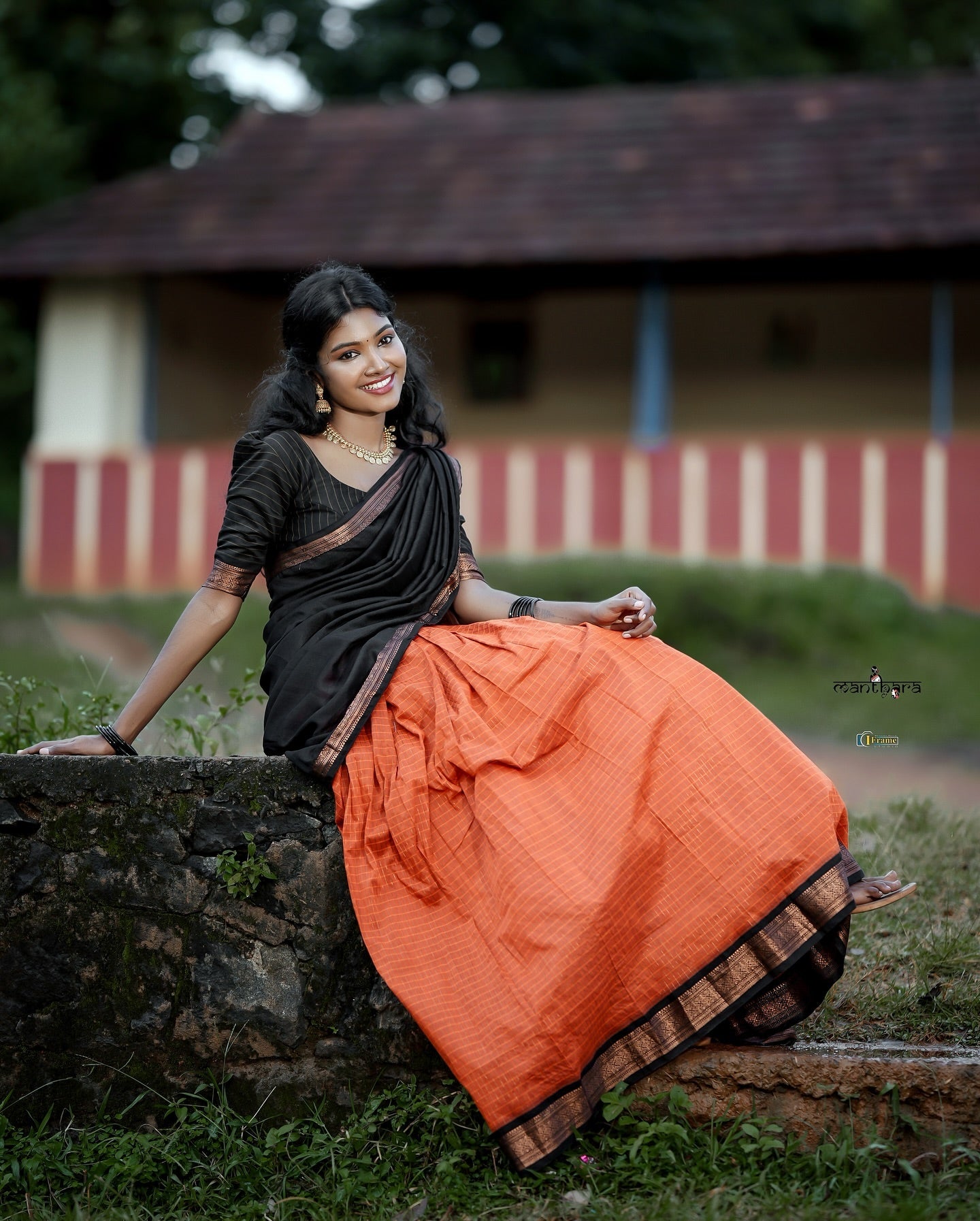 Padmaja Cotton Halfsaree - Orenge and Reddish black