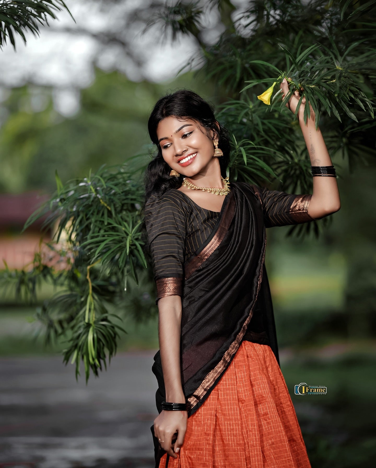 Padmaja Cotton Halfsaree - Orenge and Reddish black