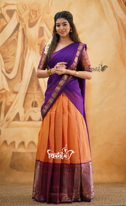 Padmaja - Orange and Purple Cotton Half saree