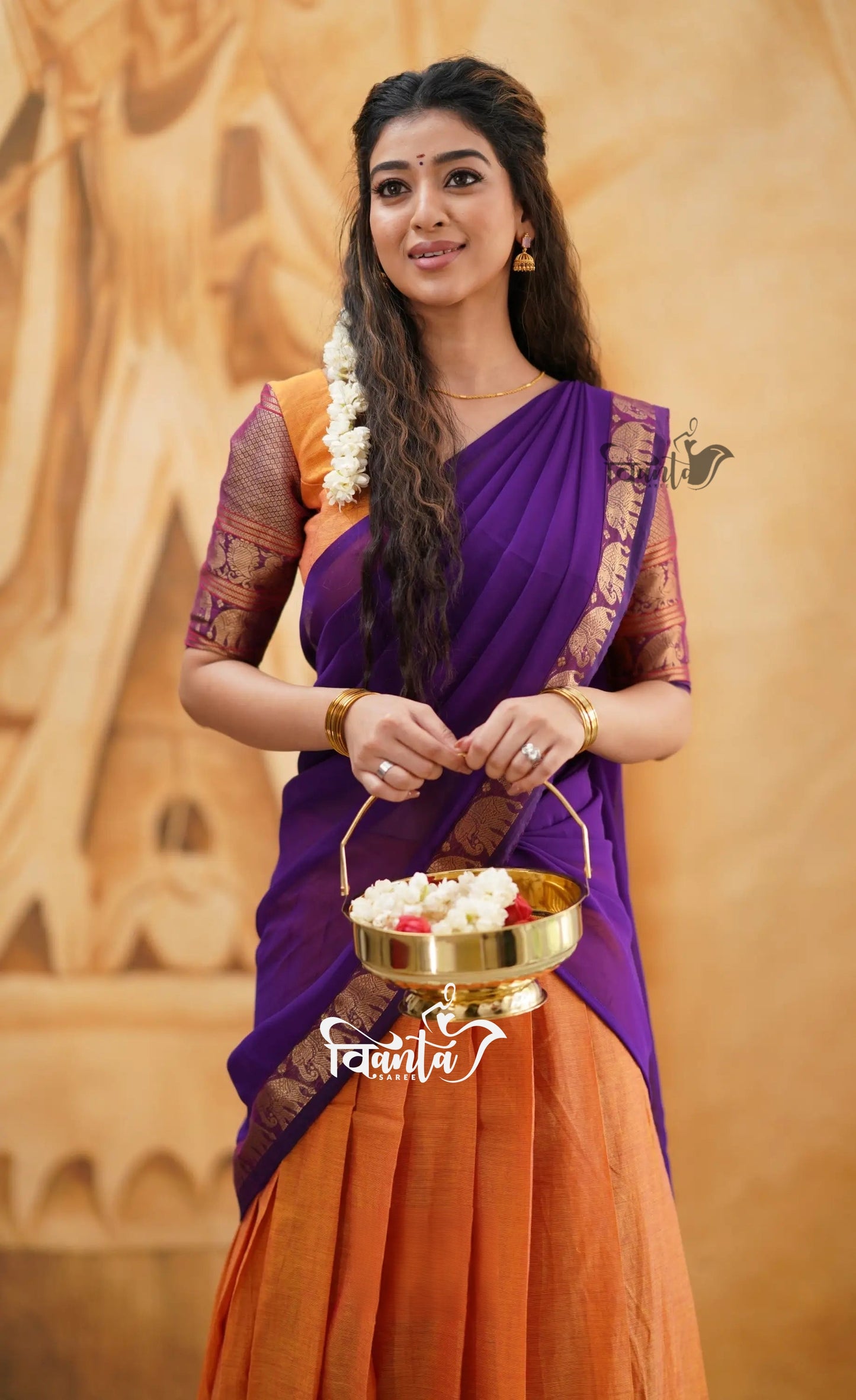 Padmaja - Orange and Purple Cotton Half saree