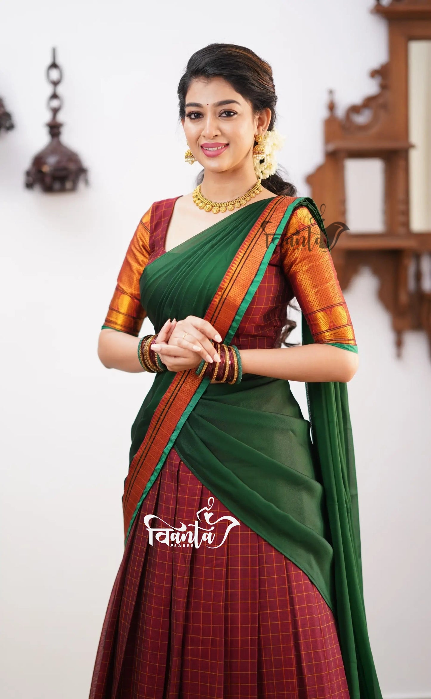 Green tone and Shade of Maroon Cotton Halfsaree