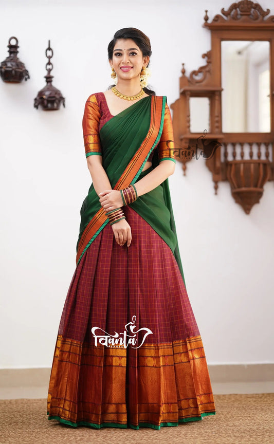 Green tone and Shade of Maroon Cotton Halfsaree