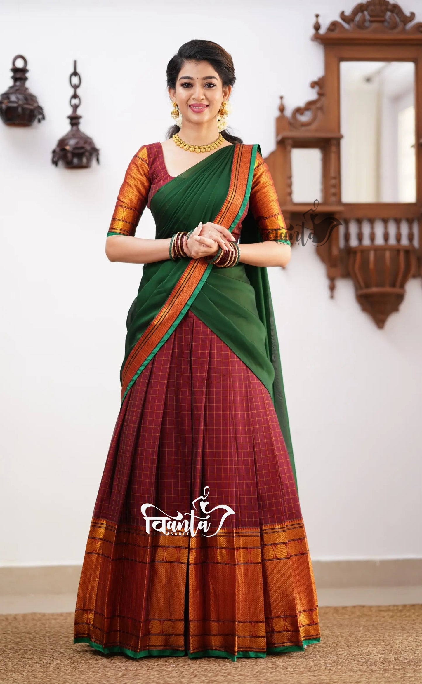 Green tone and Shade of Maroon Cotton Halfsaree