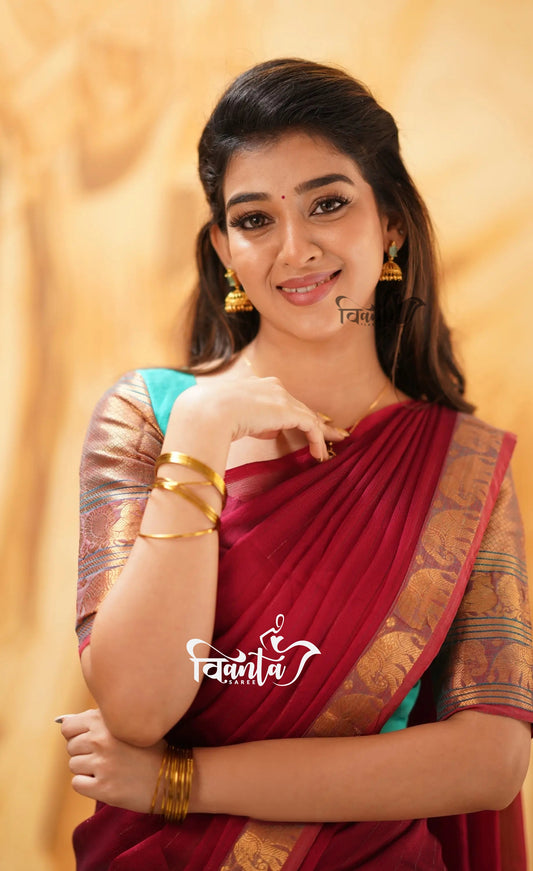 Padmaja - Light-Green and Red Cotton Halfsaree