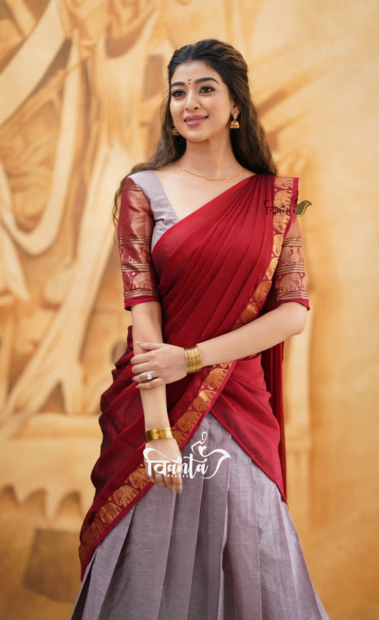 Padmaja - Mauve and Red Cotton Half saree