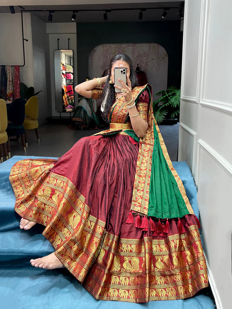 Kanjivaram Silk Zari Half Saree Lehenga With Blouse Along With Banarsi Silk Dupatta