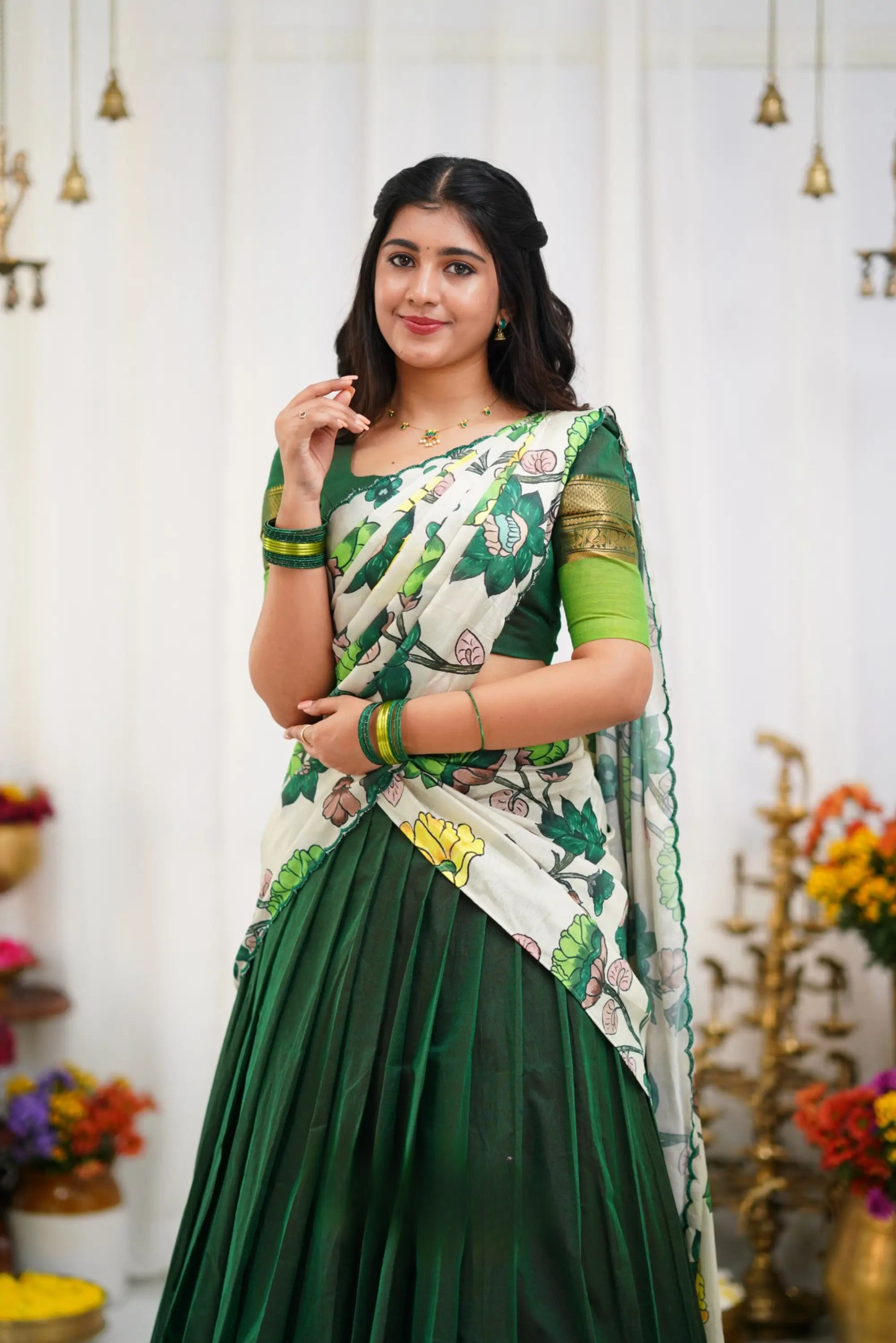 Padmaja Cotton Half Saree - Dark Green and Leaf Green