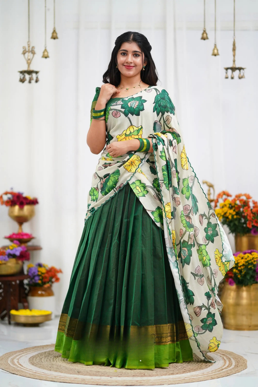 Padmaja Cotton Half Saree - Dark Green and Leaf Green