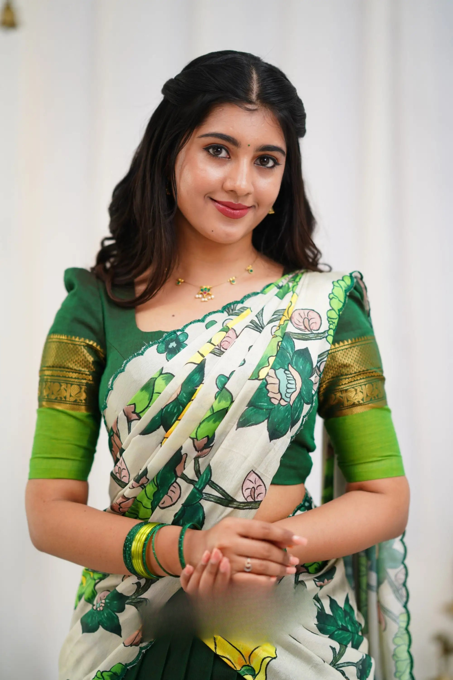 Padmaja Cotton Half Saree - Dark Green and Leaf Green