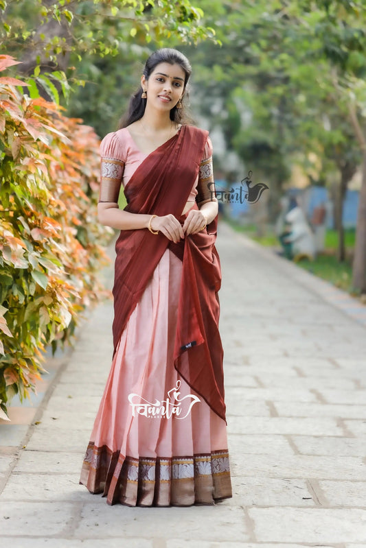 Padmaja - Pastel Pink and Maroon Cotton Half Saree