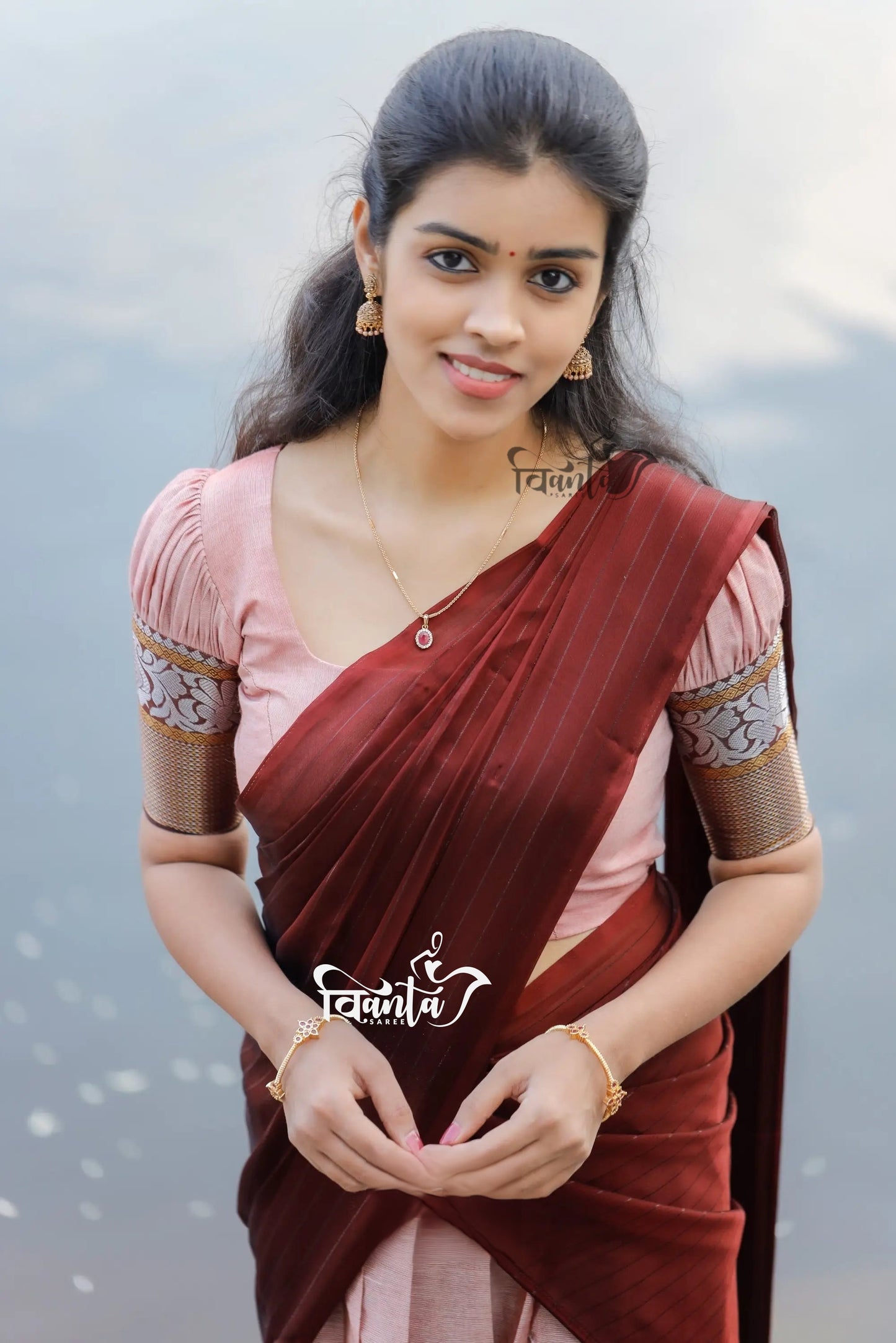 Padmaja - Pastel Pink and Maroon Cotton Half Saree