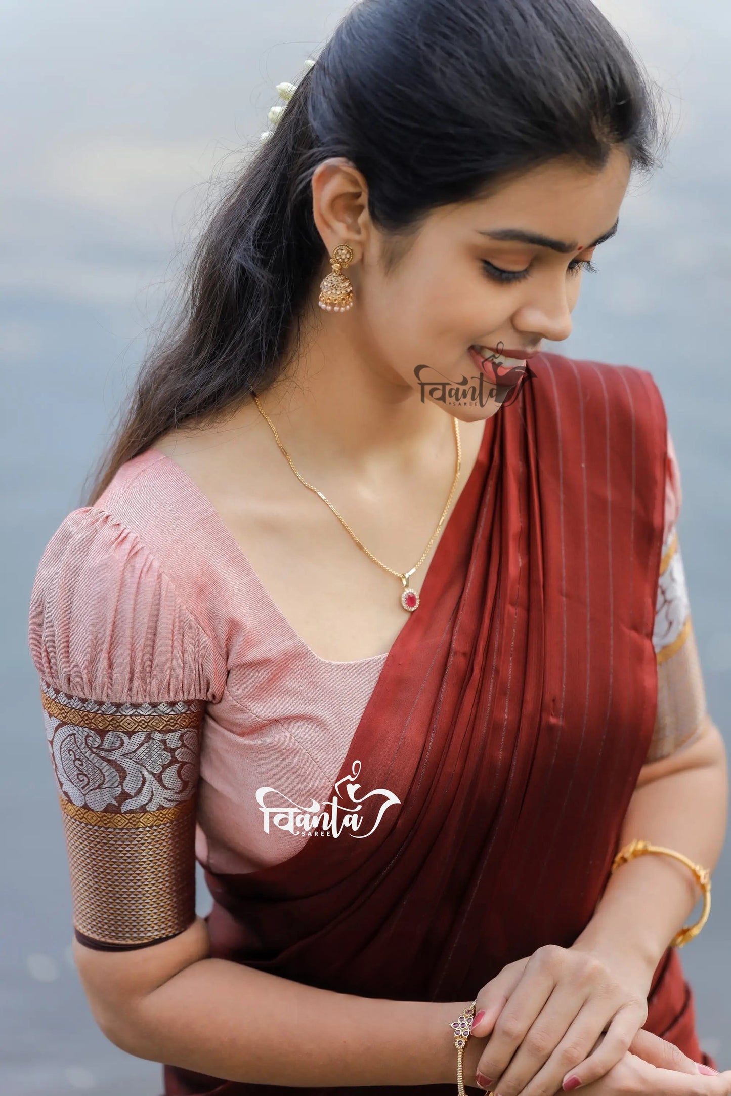 Padmaja - Pastel Pink and Maroon Cotton Half Saree
