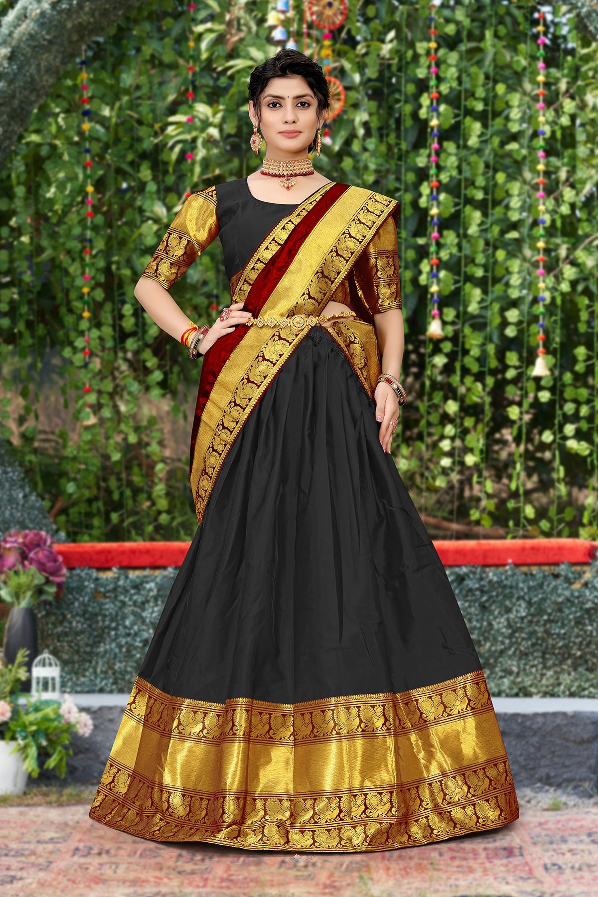 Kanjivaram Silk Zari Half Saree Lehenga With Blouse Along With Banarsi Silk Dupatta