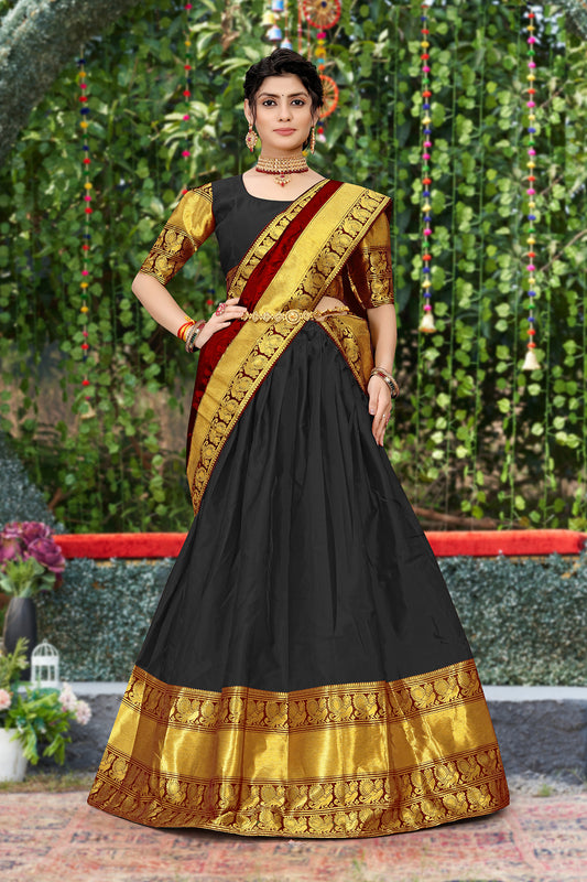Kanjivaram Silk Zari Half Saree Lehenga With Blouse Along With Banarsi Silk Dupatta