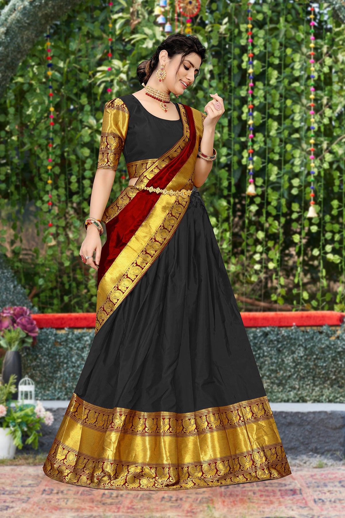 Kanjivaram Silk Zari Half Saree Lehenga With Blouse Along With Banarsi Silk Dupatta