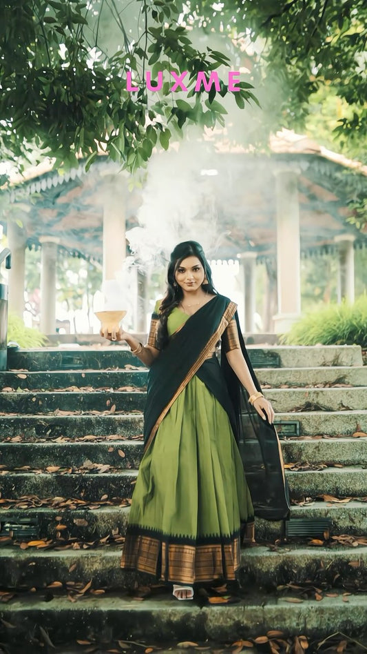 Padmaja Cotton Halfsaree - Green and Reddish black