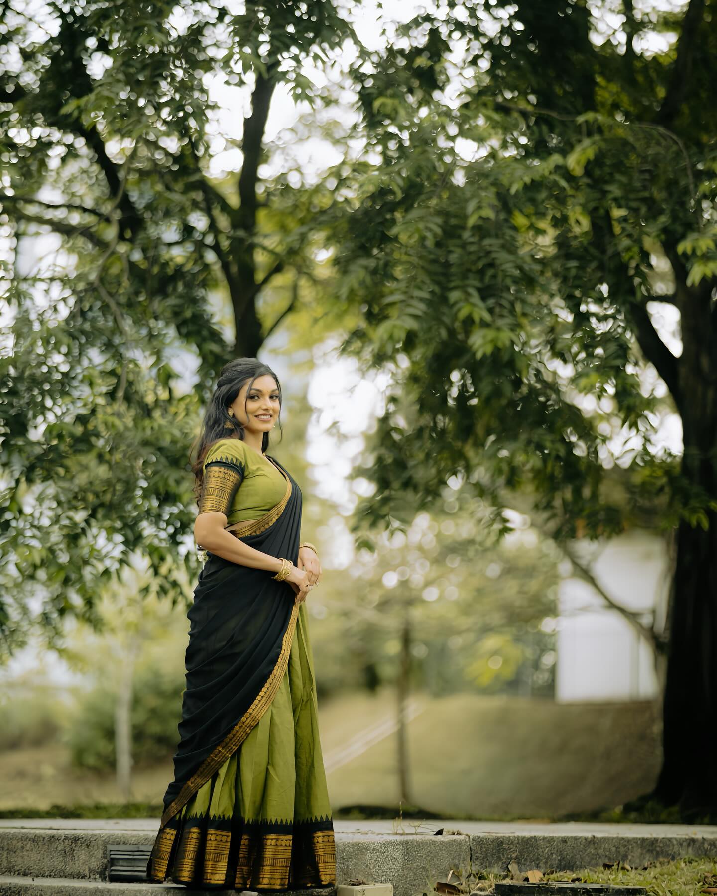 Padmaja Cotton Halfsaree - Green and Reddish black