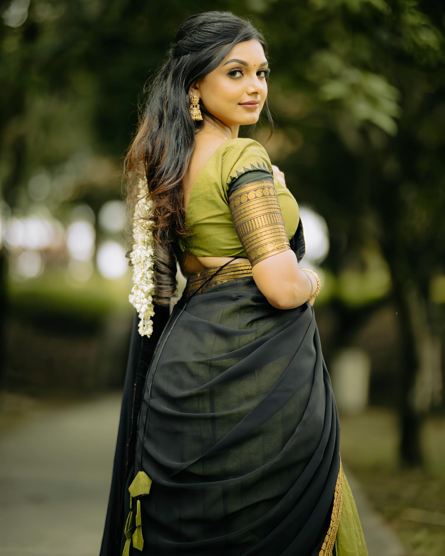 Padmaja Cotton Halfsaree - Green and Reddish black