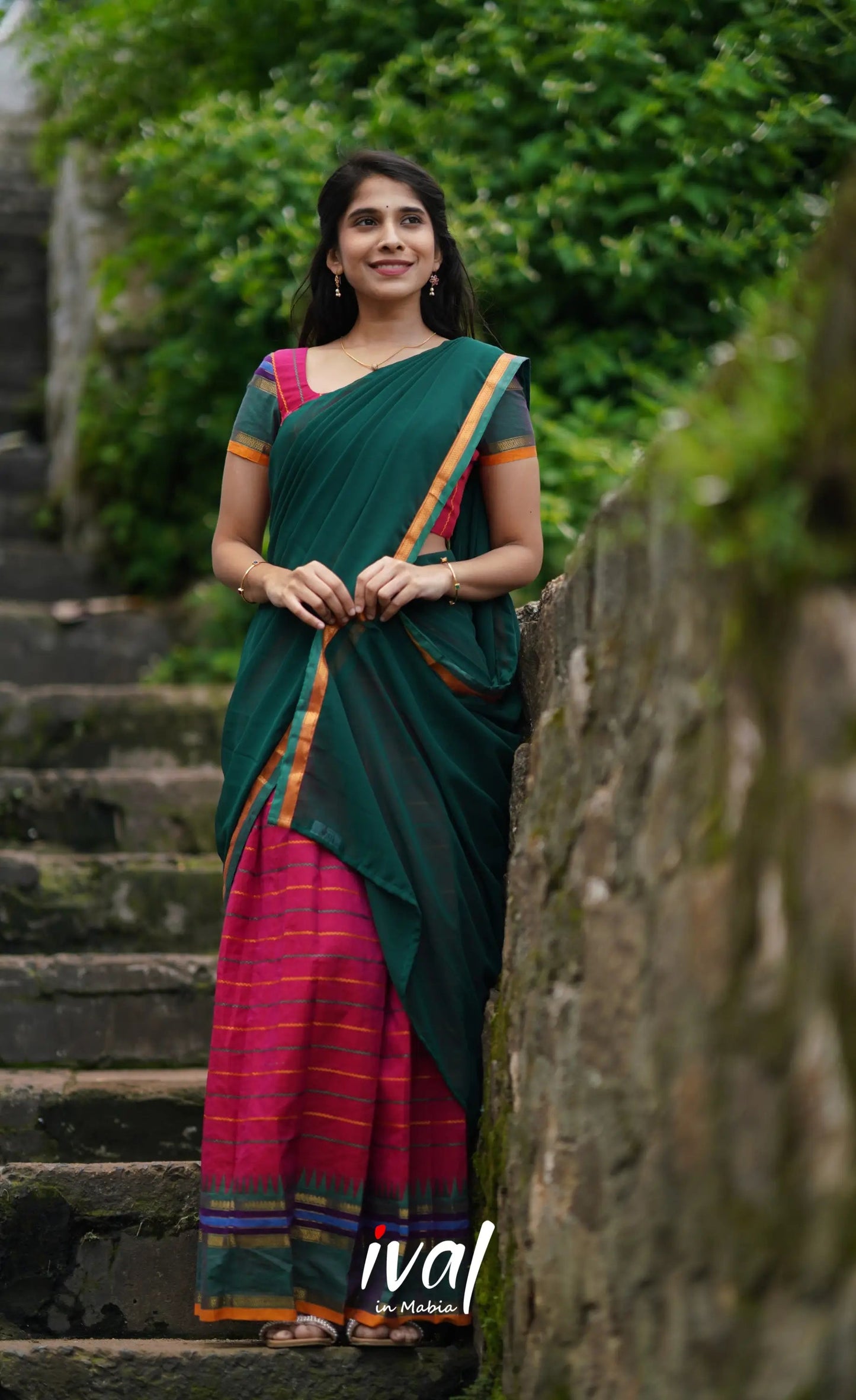 Padmaja - Gajri and Green Cotton Halfsaree