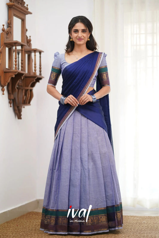 Padmaja Cotton Halfsaree - Light Blue and Ink Blue