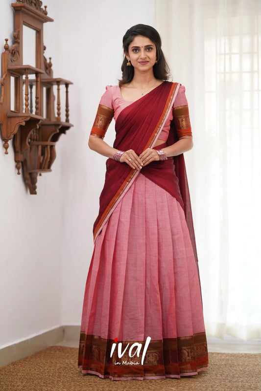 Padmaja Cotton Halfsaree - Pink and Reddish Maroon