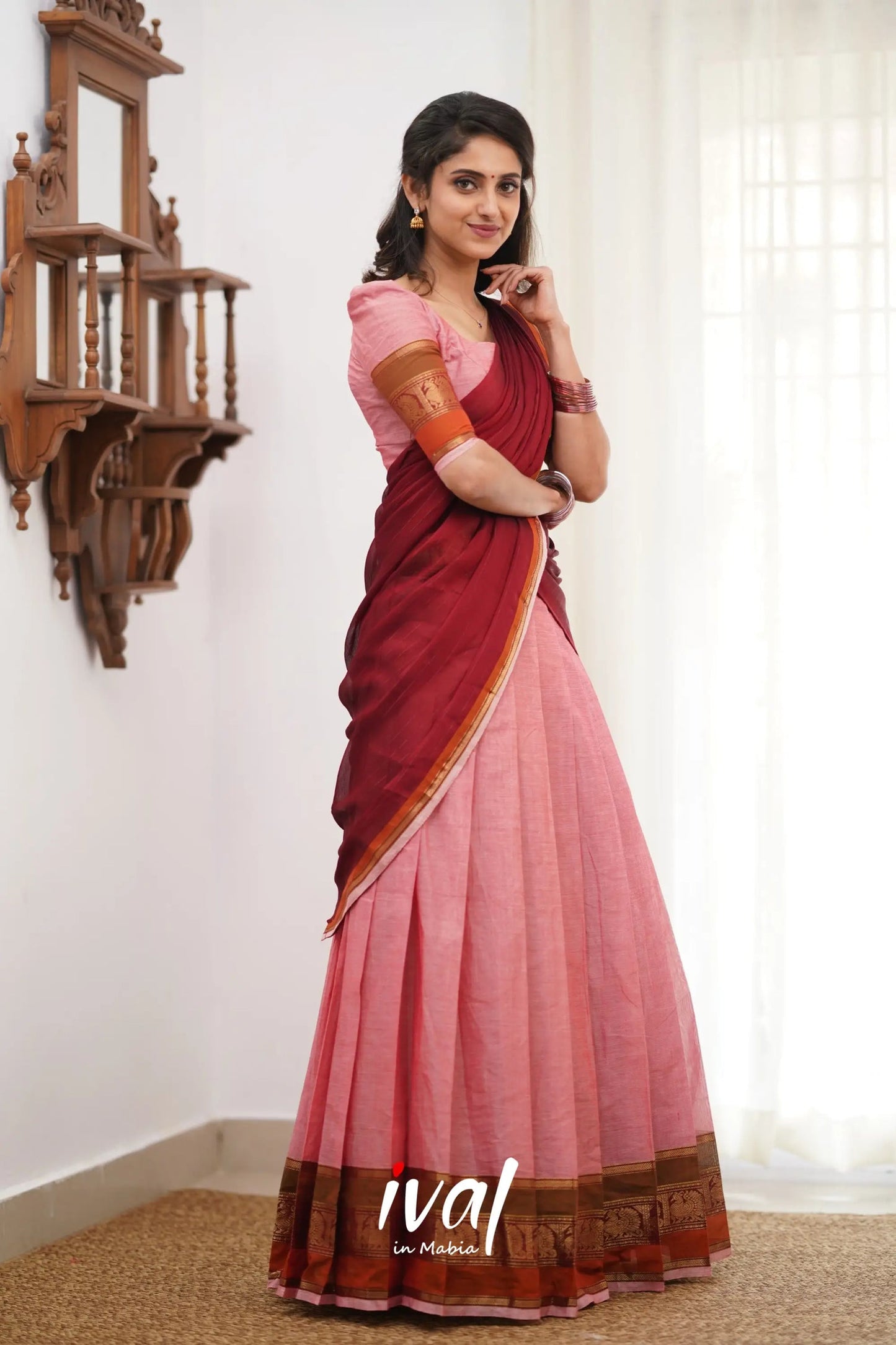 Padmaja Cotton Halfsaree - Pink and Reddish Maroon