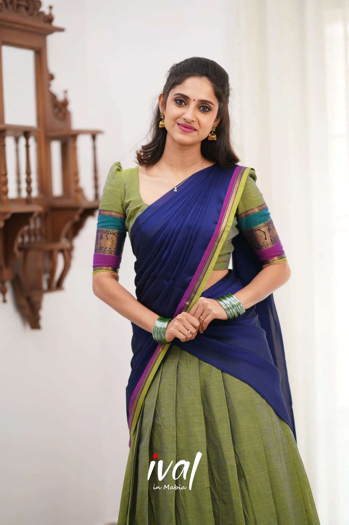 Padmaja Cotton Halfsaree - Two Tone Green and Violet