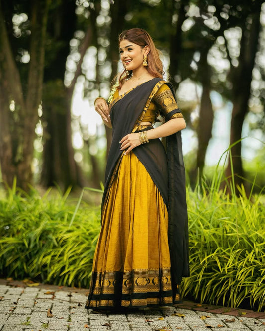 Padmaja Cotton Halfsaree - Gold and Reddish black