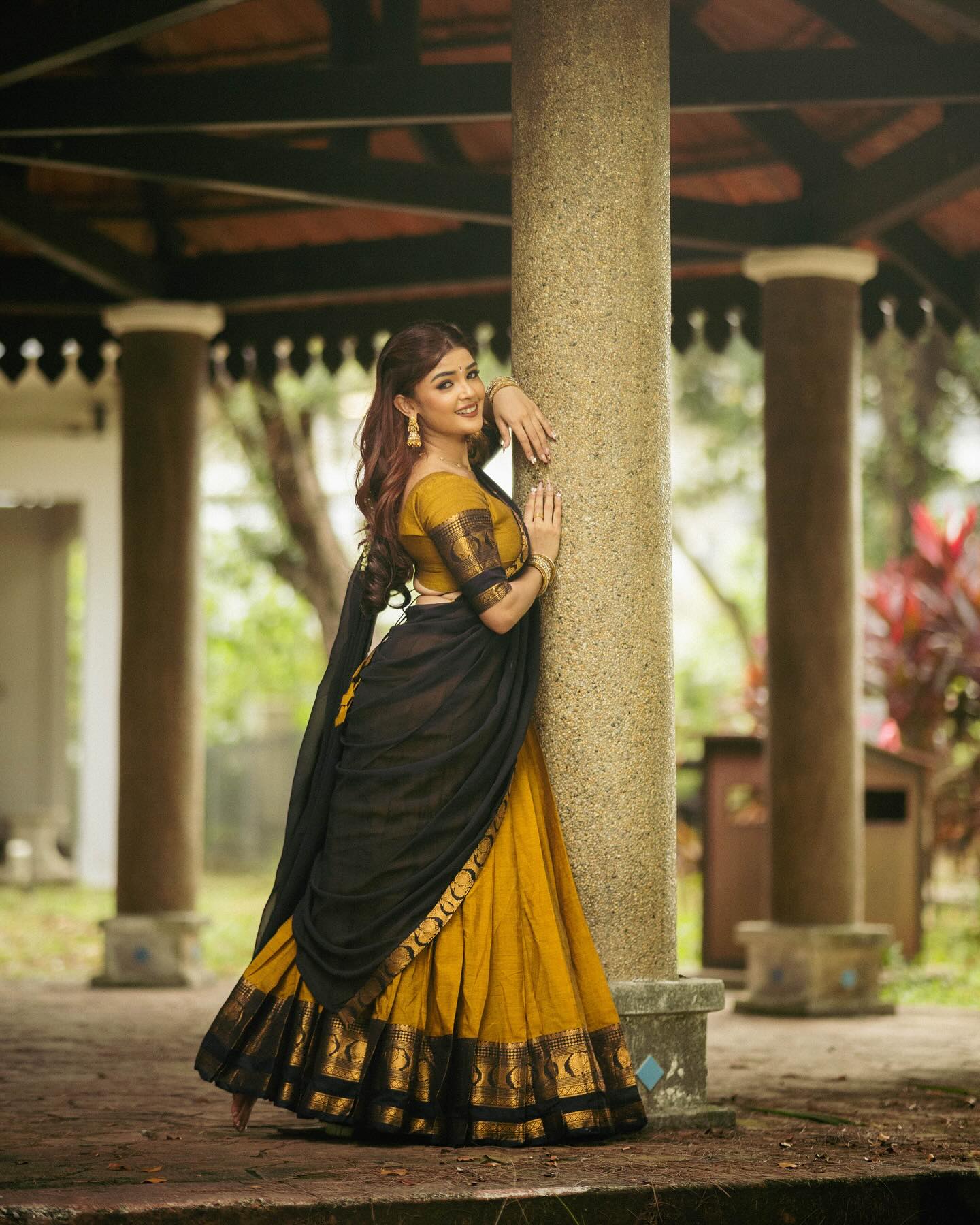 Padmaja Cotton Halfsaree - Gold and Reddish black