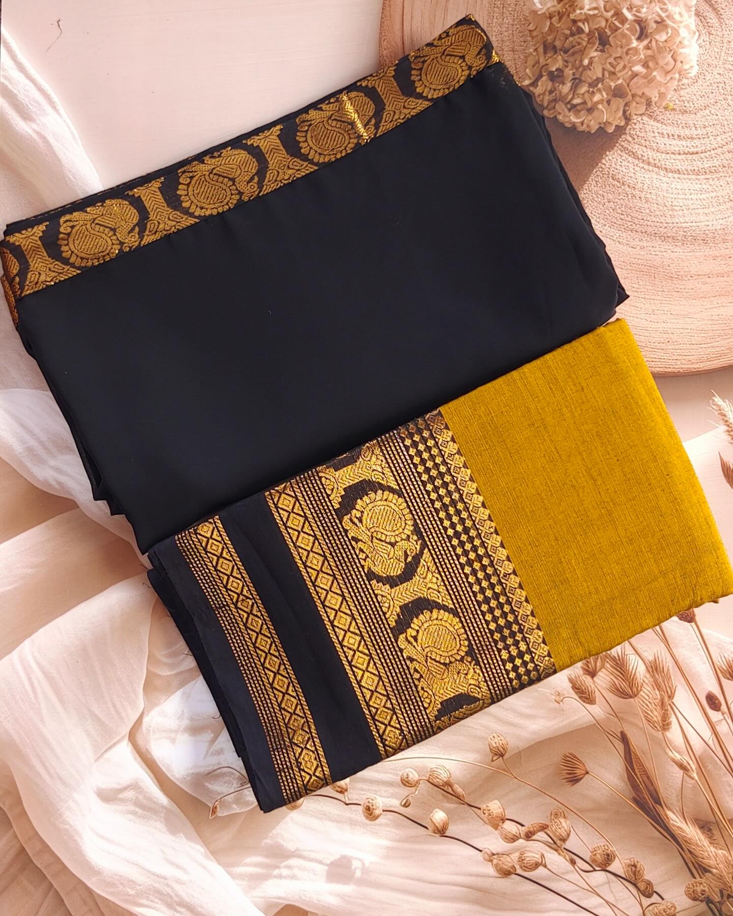 Padmaja Cotton Halfsaree - Gold and Reddish black