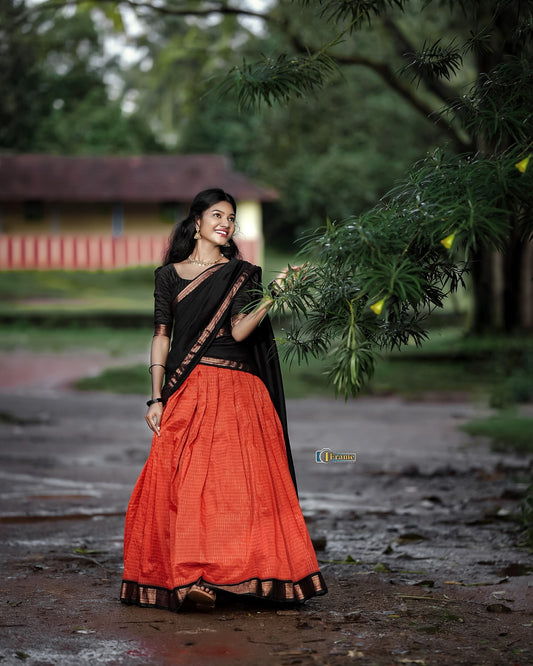 Padmaja Cotton Halfsaree - Orenge and Reddish black