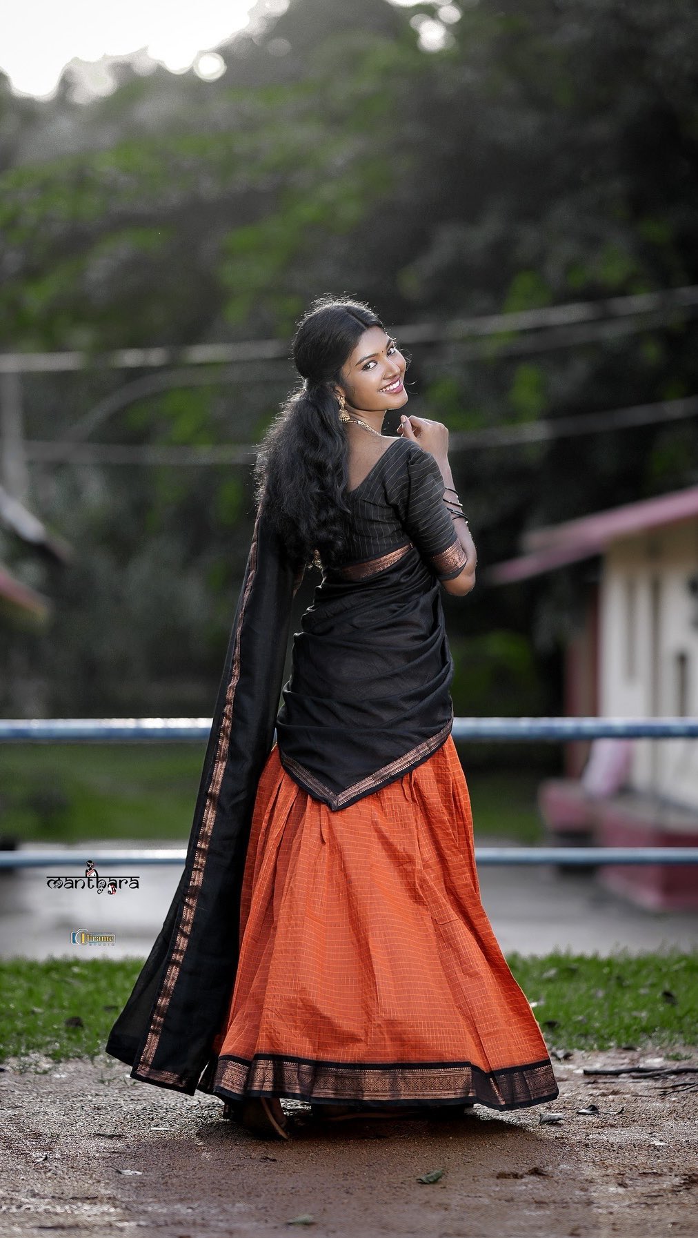 Padmaja Cotton Halfsaree - Orenge and Reddish black