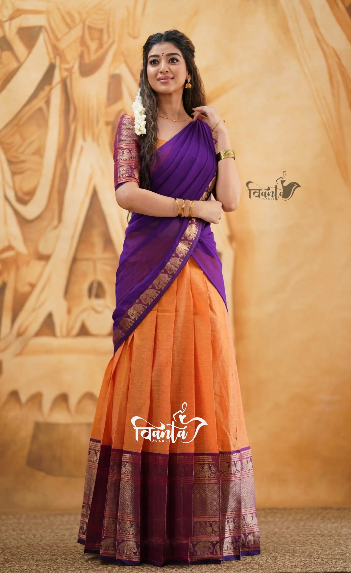 Padmaja - Orange and Purple Cotton Half saree