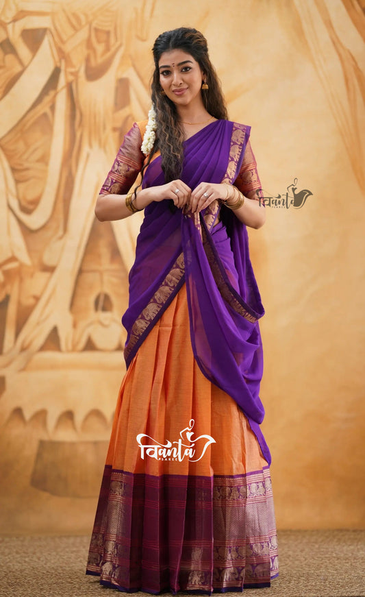 Padmaja - Orange and Purple Cotton Half saree