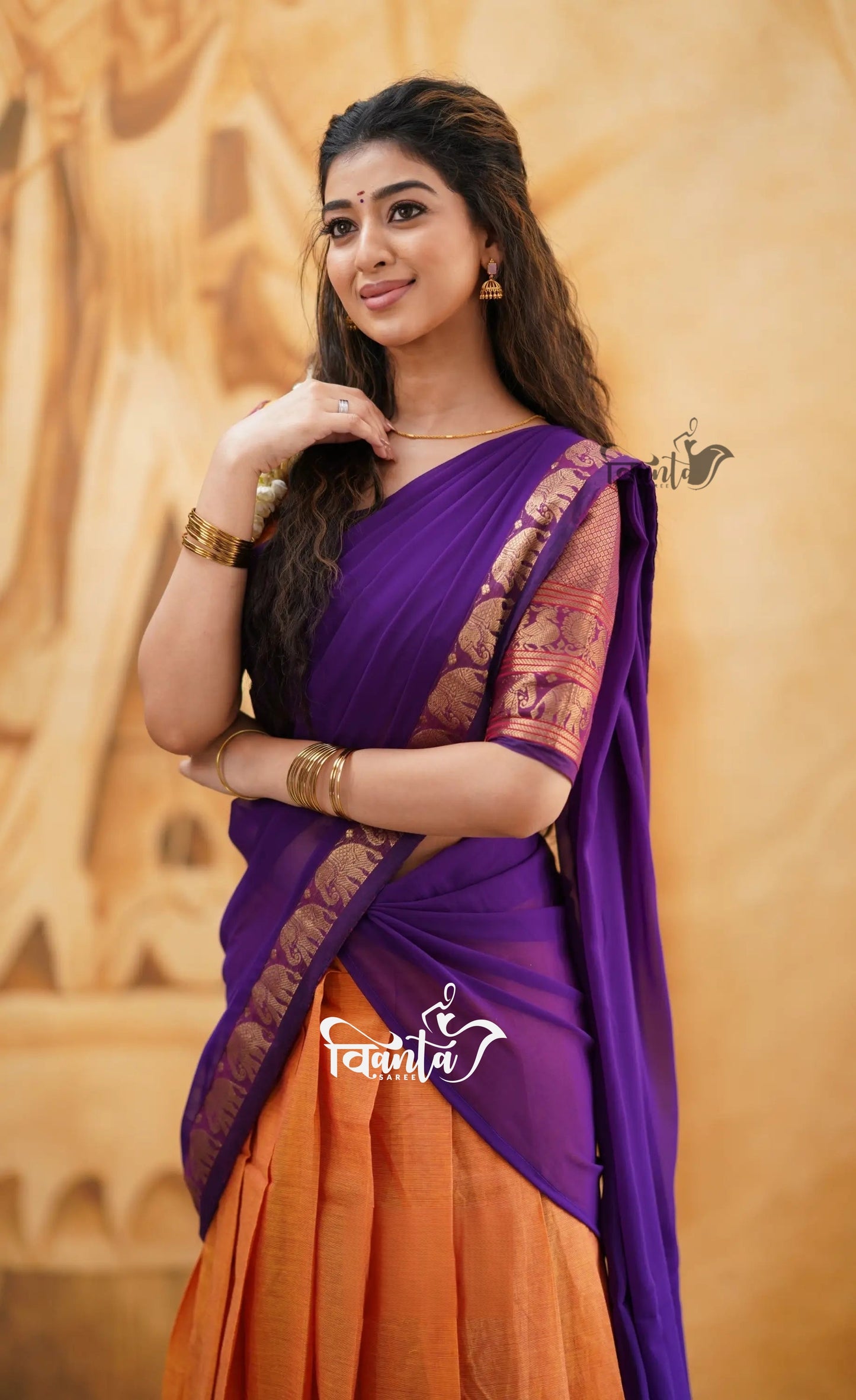 Padmaja - Orange and Purple Cotton Half saree