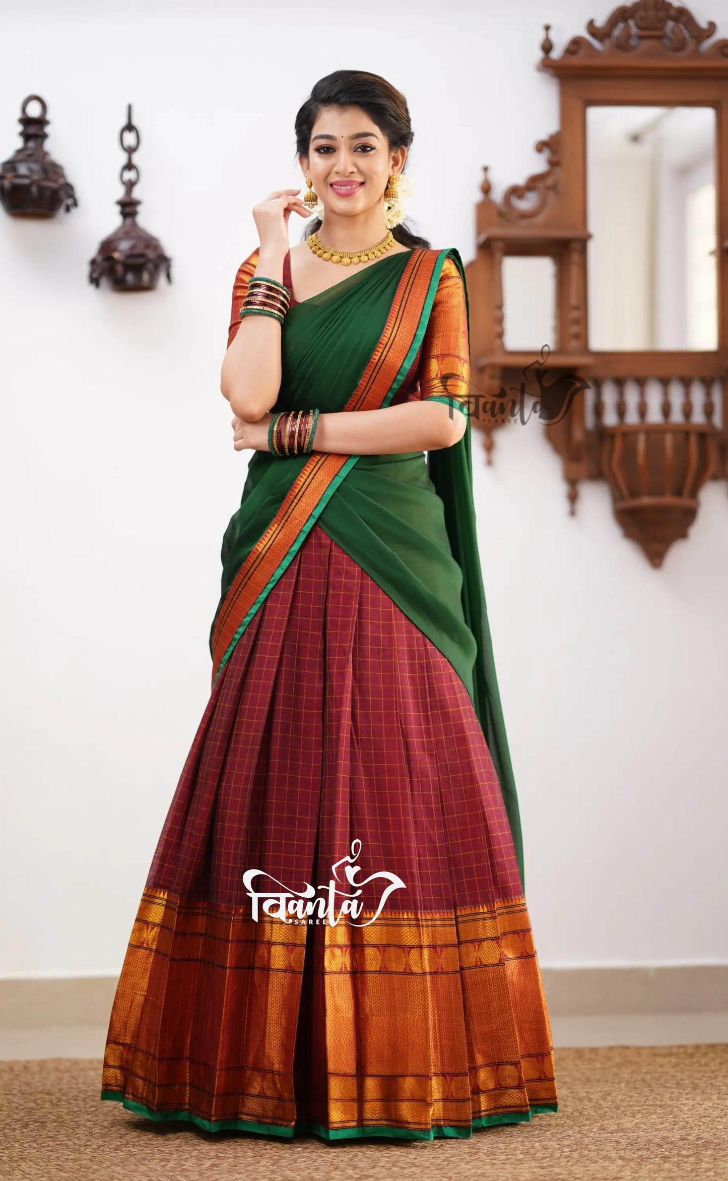Green tone and Shade of Maroon Cotton Halfsaree
