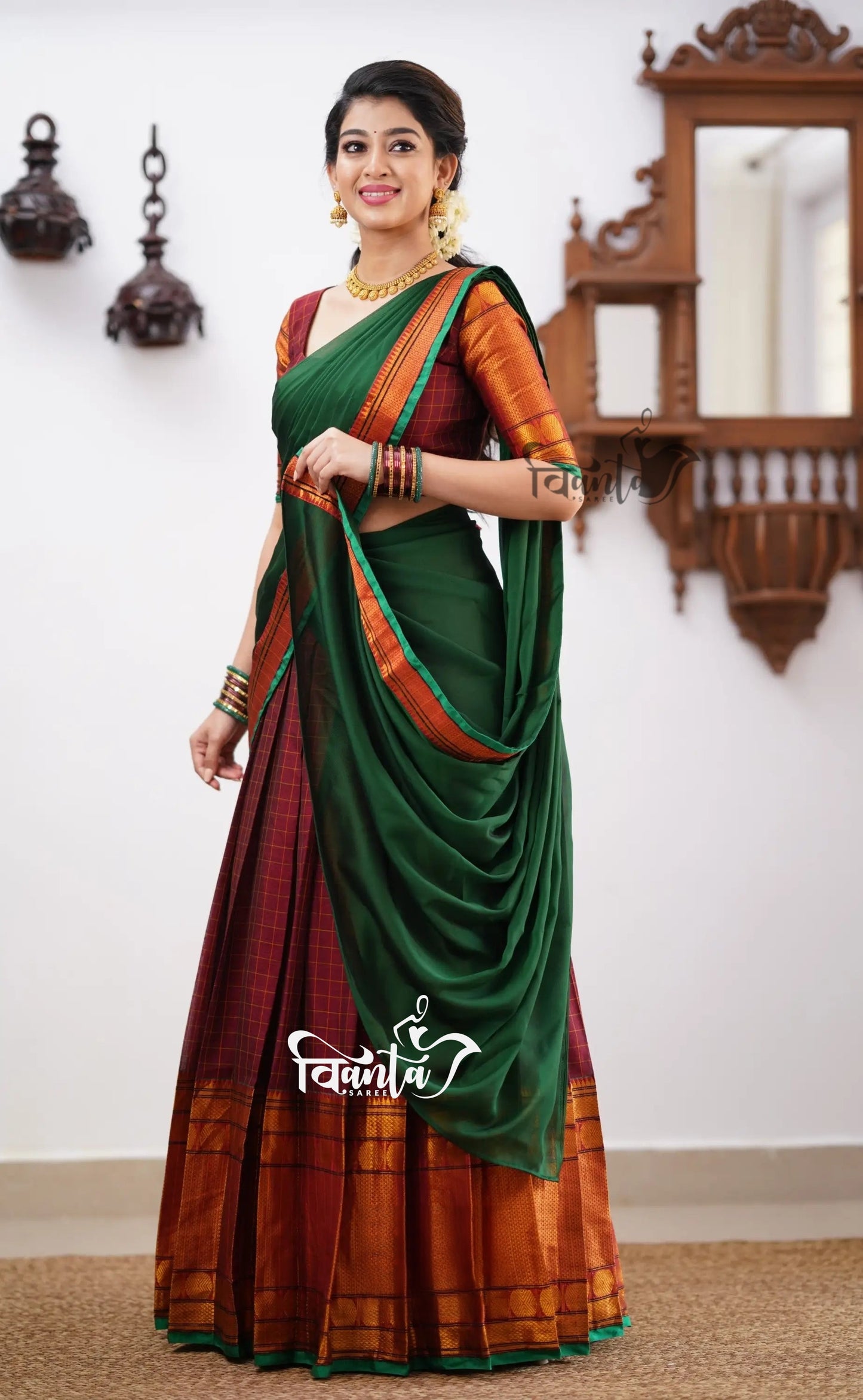 Green tone and Shade of Maroon Cotton Halfsaree