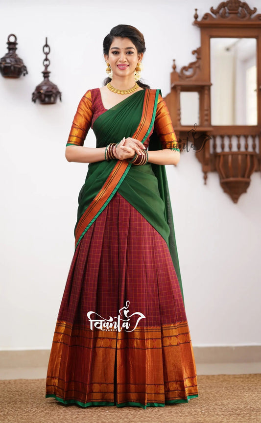 Green tone and Shade of Maroon Cotton Halfsaree